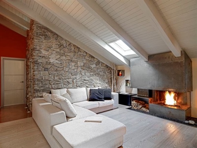 Cozy living room with fireplace and skylight.
