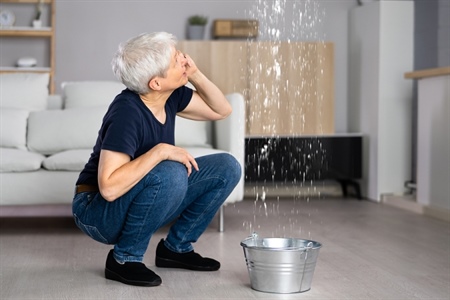 Woman worried with roof leaking into bucket.